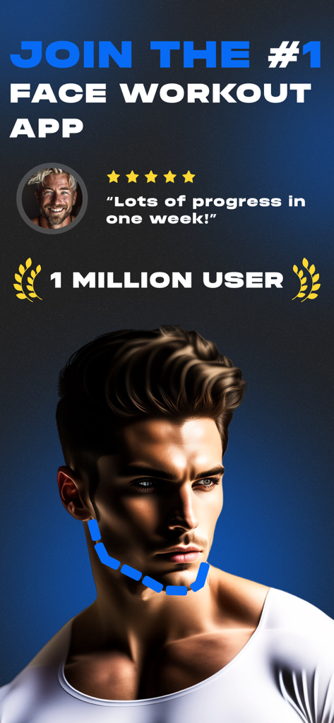 Alpha Face: Facial Exercises - Man with a chiseled jawline and 5-star review on the Alpha Face facial exercise app screen