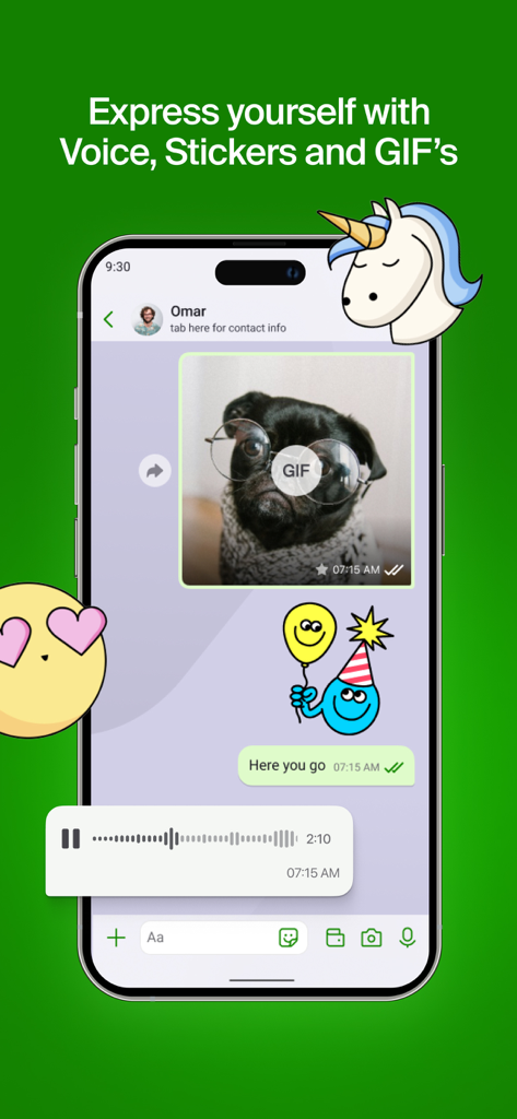 GoChat Messenger app interface showcasing expressive stickers, a pug GIF, and a voice message in a chat window