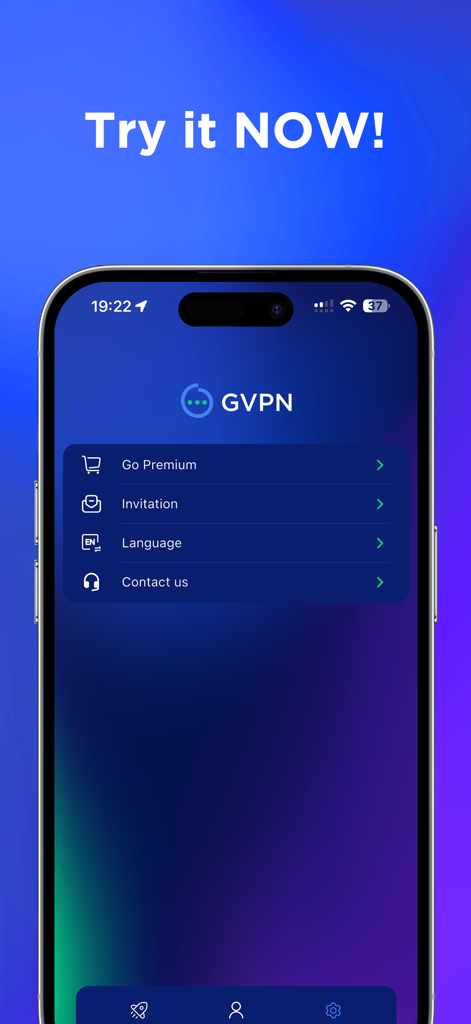 GVPN: Free VPN, global access - Interface of the GVPN app showing the settings menu and premium options