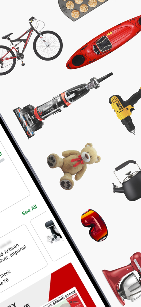 Canadian Tire: Shop Smarter - Une variété de produits disponibles sur l'application Canadian Tire, y compris un vélo, un kayak, un aspirateur et des outils électriques