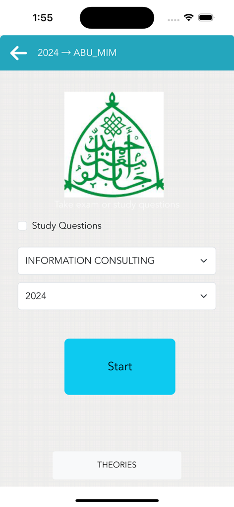 Pantalla de selección de examen para la Universidad Ahmadu Bello en la aplicación ePractice CBT que muestra opciones de materia y año