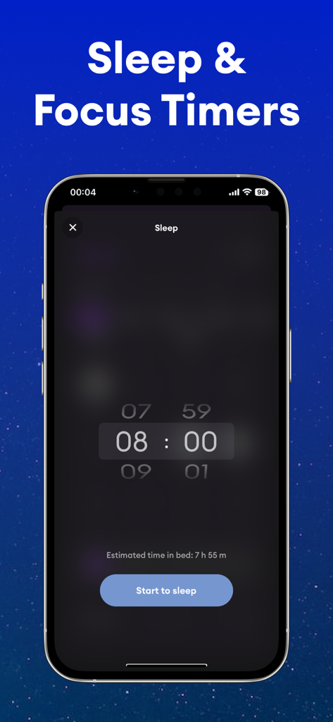 Noise: Green, White, Brown - Mobile app interface showing a sleep timer set to 8 hours with a start to sleep button on a dark starry background