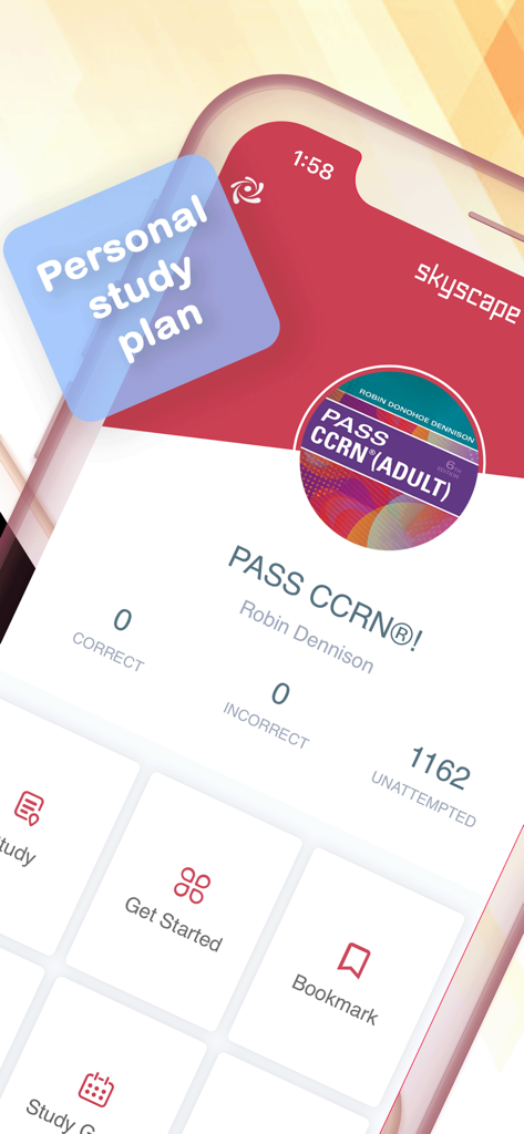 Dashboard of the PASS CCRN nursing exam prep app showing personal study plan options and progress tracking