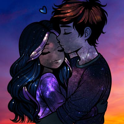 a realistic couple boy and girl hugging and kissing