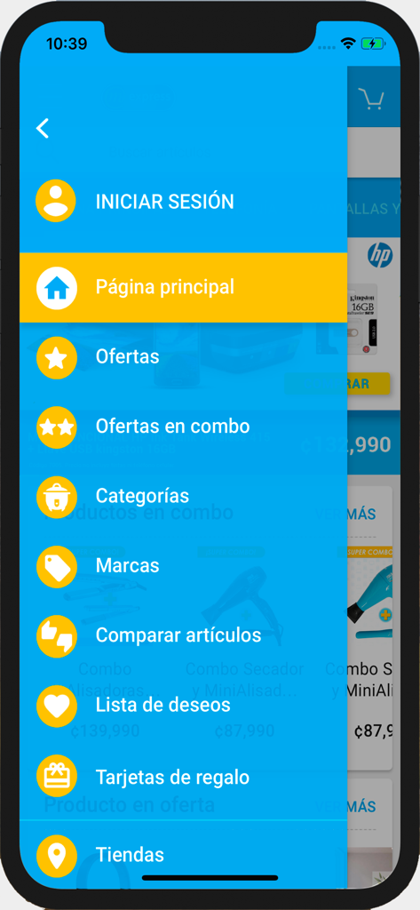 MExpress - Side navigation menu of the MExpress mobile app featuring options like login home offers categories and store locations