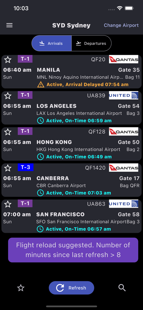 Sydney Airport Information app interface showing a list of arriving flights with gate numbers and baggage carousel details.