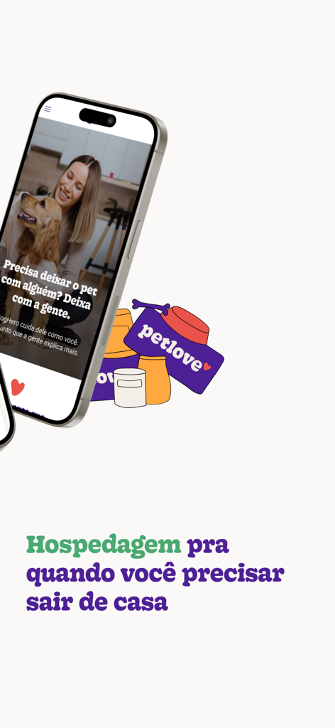 Petlove: petshop e saúde pet - Petlove-App-Bildschirm, der Haustier-Pensionierungs- und Hosting-Dienste mit einer Frau und ihrem Hund anzeigt