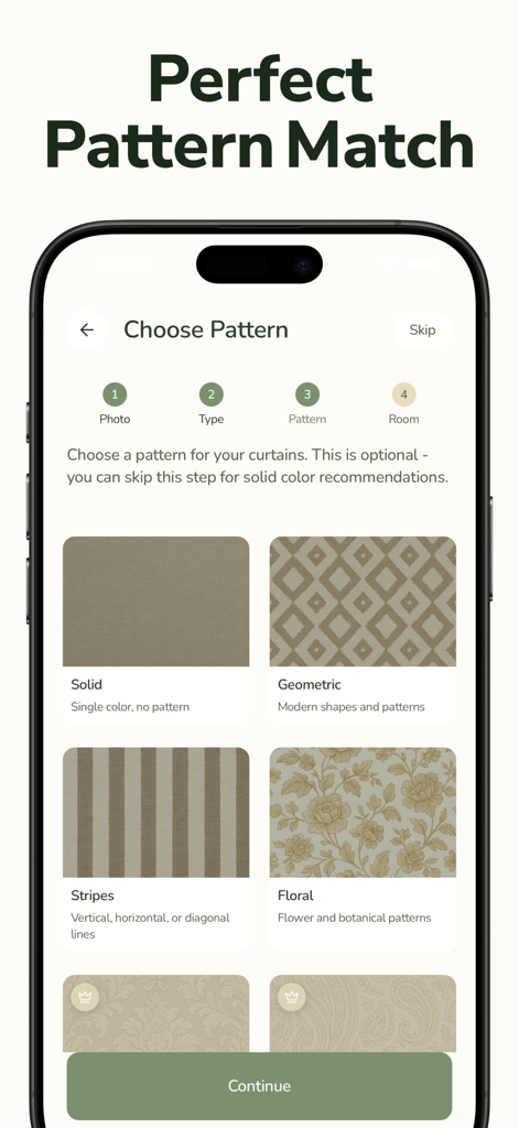 Curtain AI: Home Decor Design - Interfaz de aplicación móvil para seleccionar patrones de cortinas que incluyen opciones sólidas, geométricas, a rayas y florales.