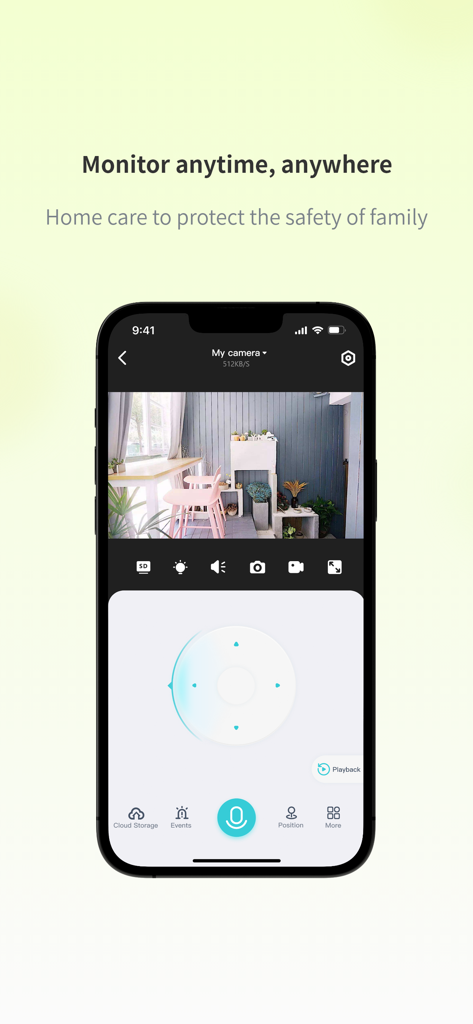 iSee Home - iSee Home app displaying a live indoor surveillance feed on a smartphone screen