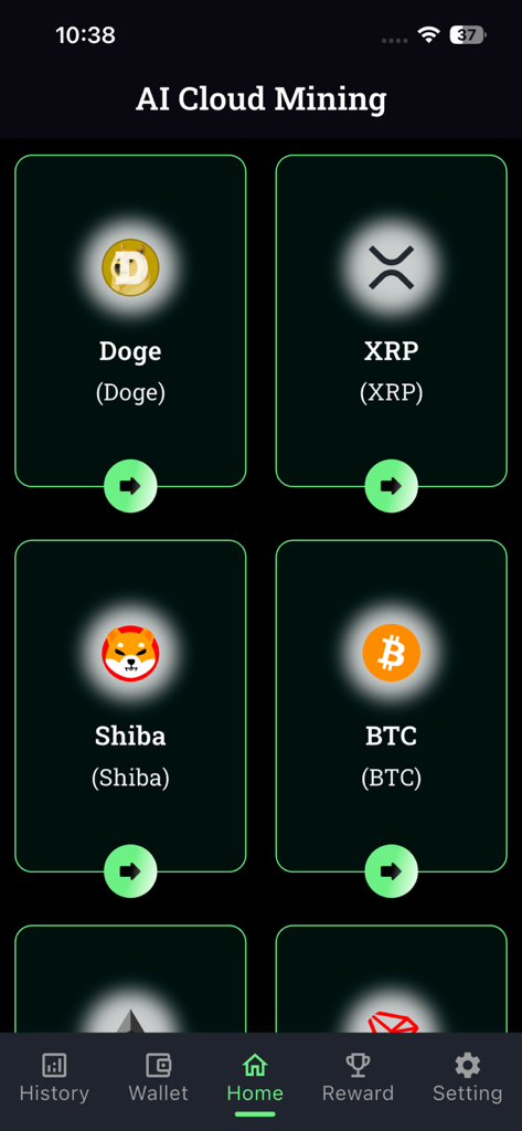Der Startbildschirm der Bitcoin Mining Simulator App, der verschiedene Kryptowährungsoptionen wie Doge, Shiba und Bitcoin für virtuelles Mining anzeigt