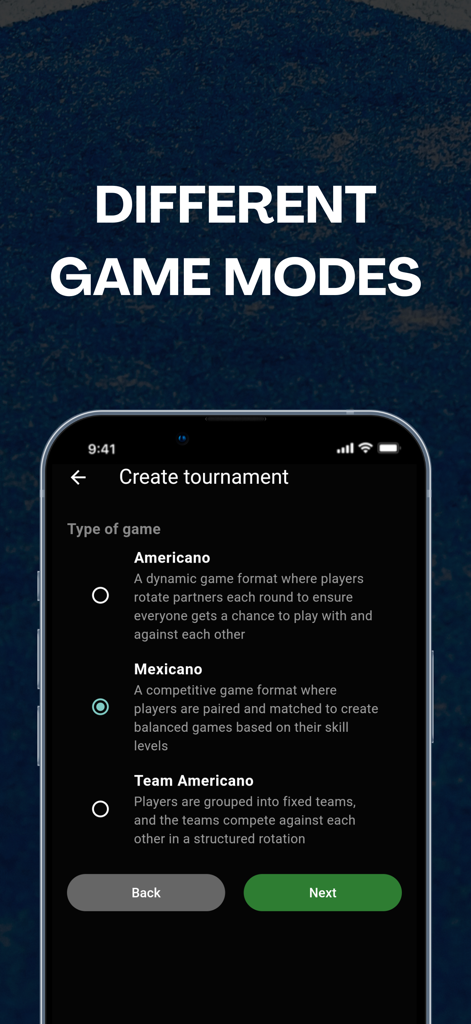 Padel Master - Americano - Una interfaz de smartphone que muestra opciones de modos de juego para torneos de Padel Master, incluyendo Americano, Mexicano y Equipo Americano.