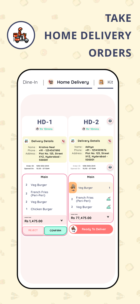 Menula app interface for managing restaurant home delivery orders with customer details and order confirmation options