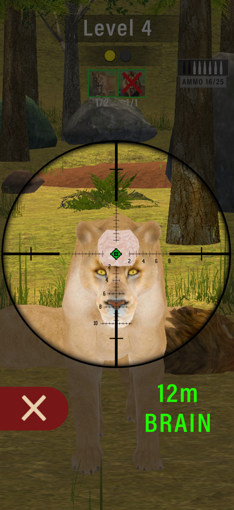 Animal Shooter: Wild Hunt - Visão da mira do rifle mirando uma leoa para um tiro na cabeça em um jogo de simulação de caça