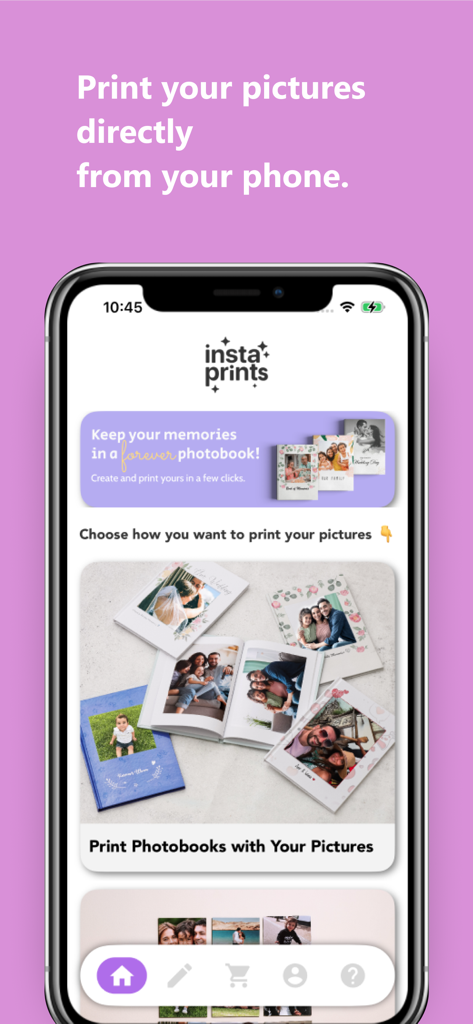 InstaPrints - InstaPrints mobile app home screen showing photobook printing options