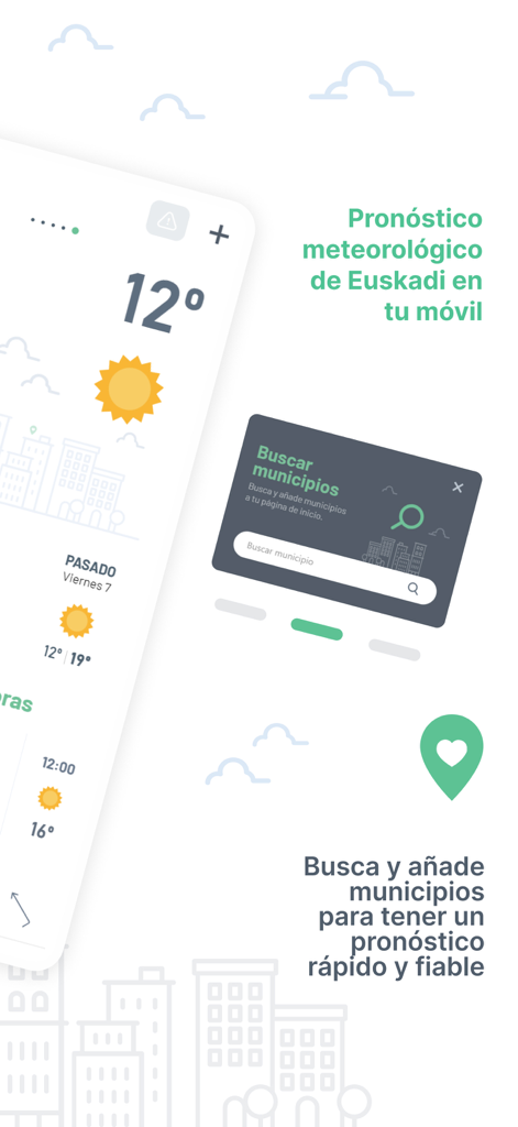Aplicación móvil Euskalmet mostrando el pronóstico del tiempo para el País Vasco y la función de búsqueda de municipios.