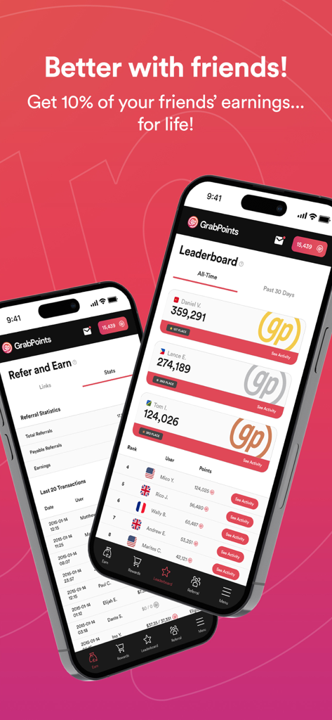 GrabPoints - GrabPoints mobile app screens showing the referral program and global user leaderboard.