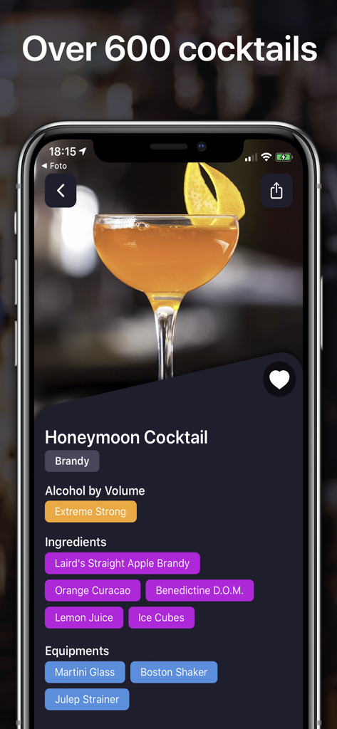 Honeymoon cocktail recipe details with ingredients and equipment list in the Cocktails For Real Bartender app