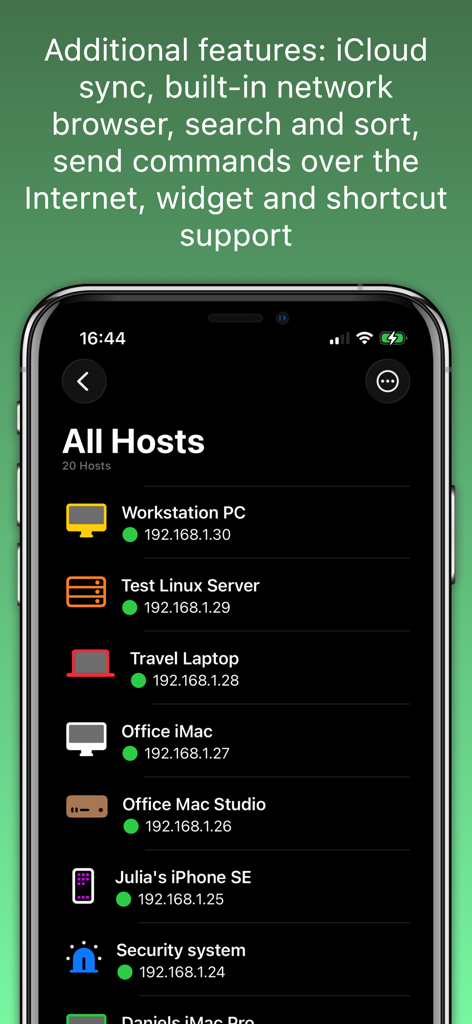 Remote Wake Up Mobile app interface showing a list of network hosts like a workstation PC and a Linux server with their IP addresses.