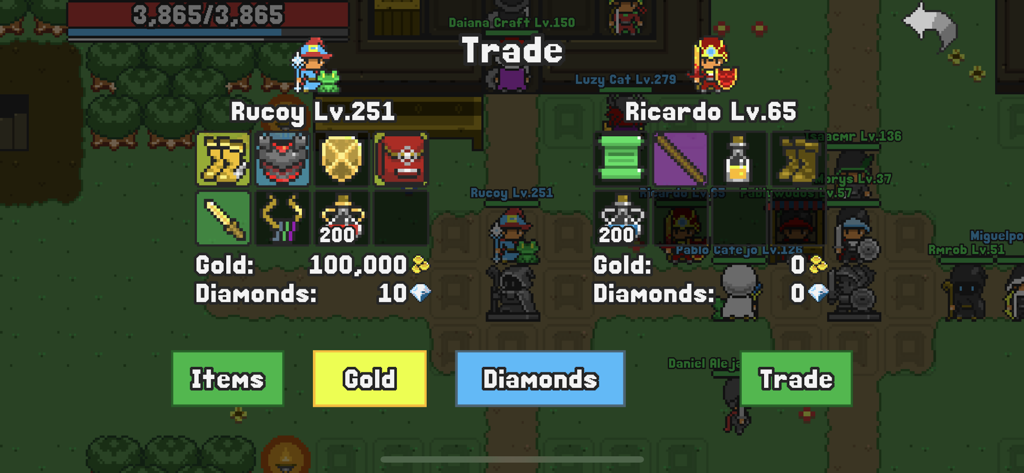 Rucoy Online - MMORPG - The trade menu in Rucoy Online showing two players exchanging items gold and diamonds in a pixel art style