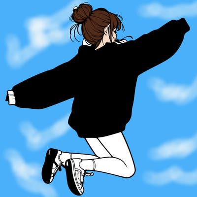 realistic girl jumping with a bun and oversized sweatshirt