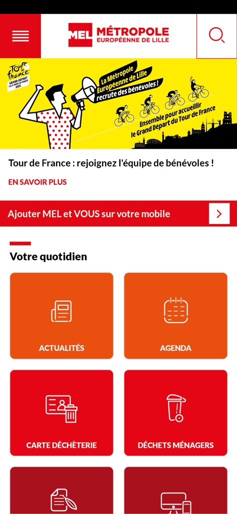 MEL et VOUS - Interfaz de la aplicación móvil MEL et VOUS mostrando servicios cívicos como noticias y gestión de residuos en Lille