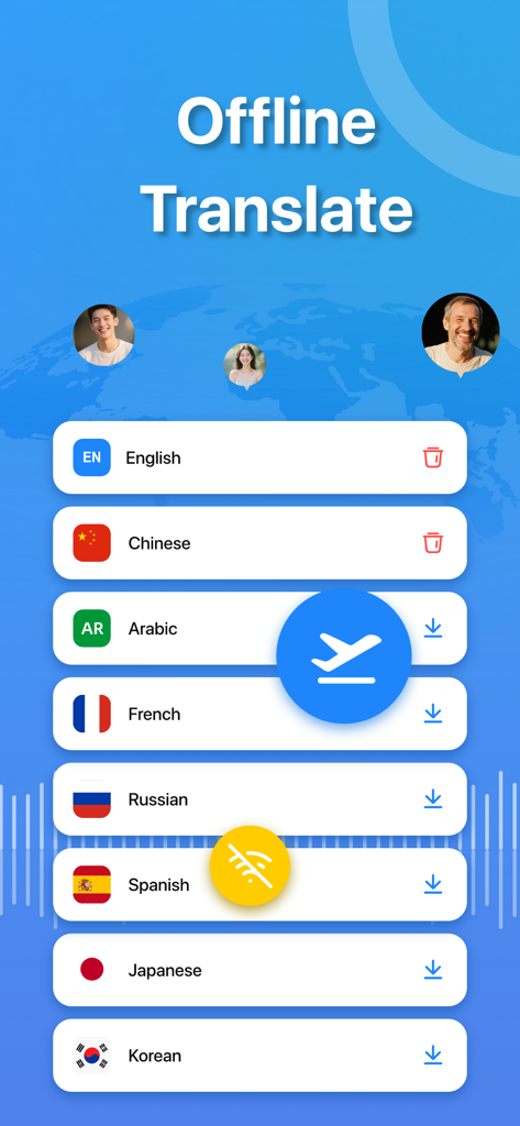 A menu in the AI Translate app showing various language packs available for offline download