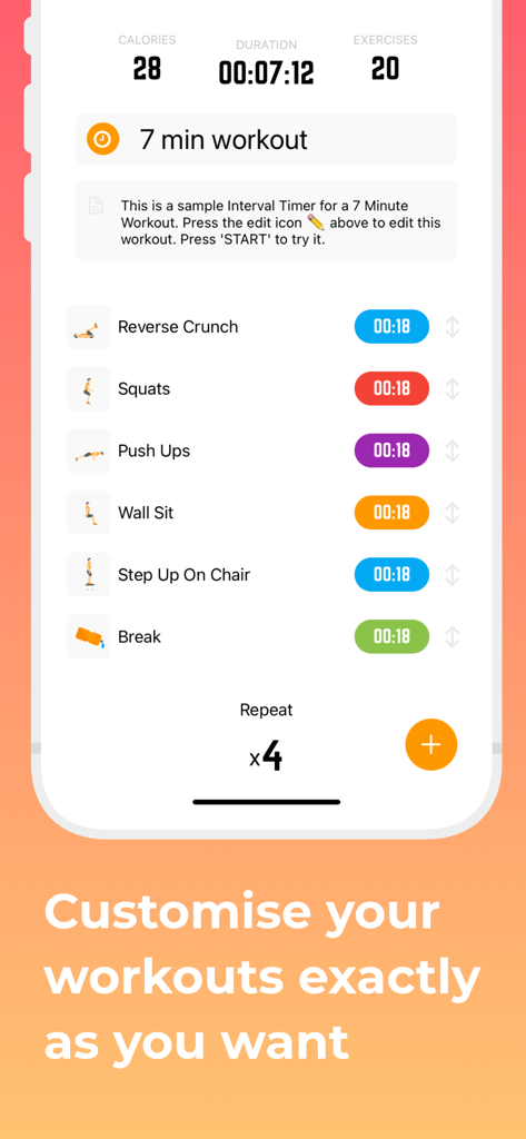 Exercise Timer: Interval Timer - Interface of Exercise Timer app showing a customizable 7 minute workout plan.