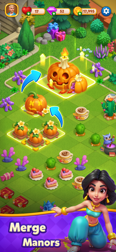 Merge Tile: Match & Merge - Gameplay showing three small pumpkin tiles merging into a large jack-o-lantern in a colorful garden landscape