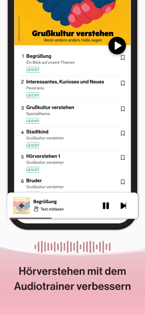 Smartphone screen displaying the Audiotrainer feature of the Deutsch perfekt app with a list of German lessons and audio playback controls