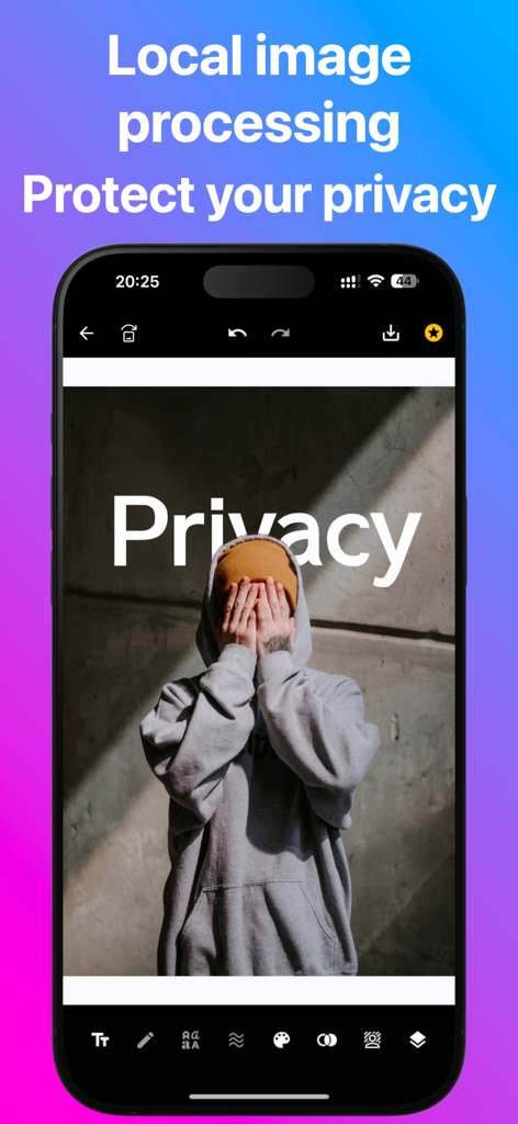 Background Text-AI Text Editor - Mobile App-Oberfläche von Hintergrund Text-KI Texteditor, die lokale Bildverarbeitung und Benutzerdatenschutzfunktionen hervorhebt