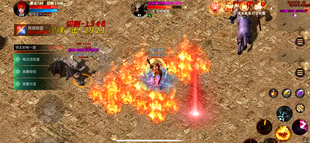 龙城传记 - Escena de batalla del juego móvil Dragon City Biography con efectos de fuego e interfaz clásica de MMORPG