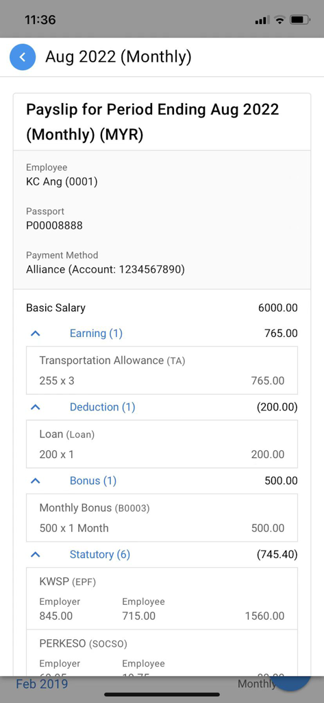 HR.my Mobile - A detailed mobile payslip view in the HR.my app displaying earnings, deductions, and statutory contributions.