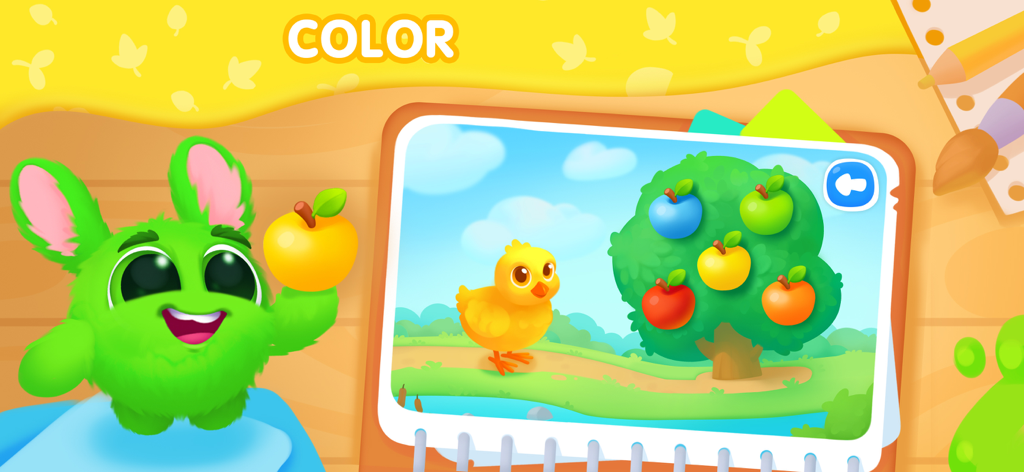 Colors learning Preschool game - Pantalla interactiva del juego preescolar que muestra a la mascota Fluffy y una actividad de clasificación de colores con un pollito y un manzano.
