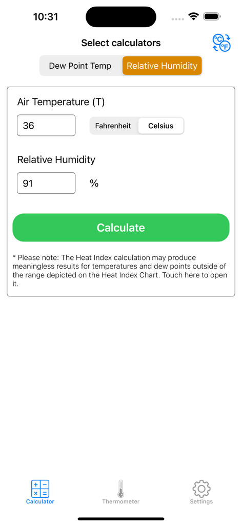 Heat Index Calculator Pro - Manual entry screen for calculating heat index using temperature and humidity.