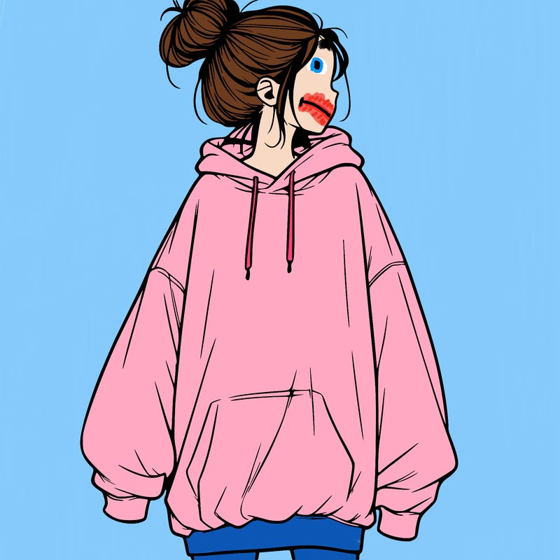 realistic girl with a oversized sweatshirt on and a bun