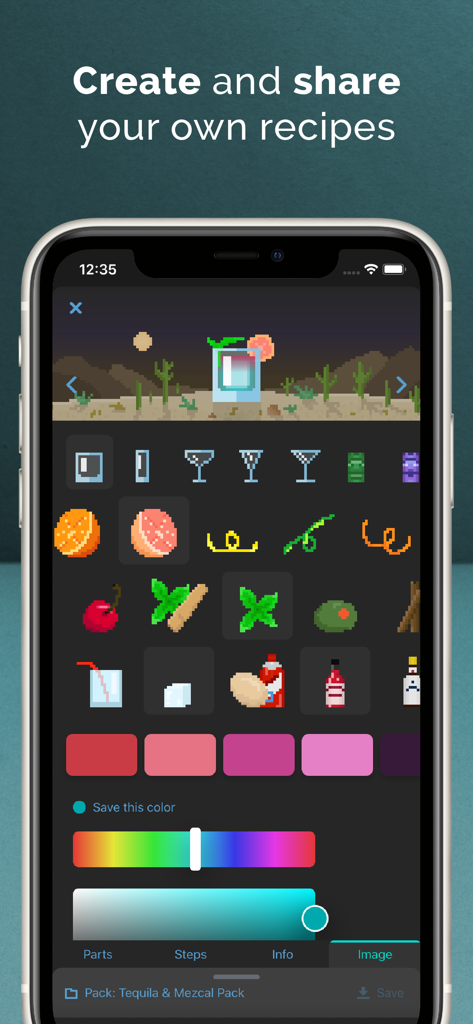 Interface of the Mixel app showing a custom recipe creation screen with pixel art icons for cocktail glassware and ingredients.