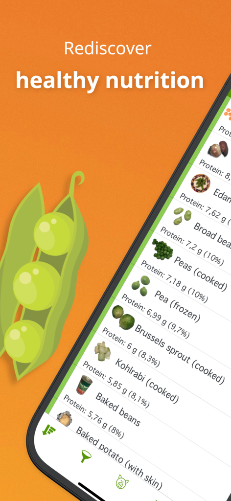 A list of vegetables like peas and brussels sprouts showing their protein content in the Natural Food Guide app.