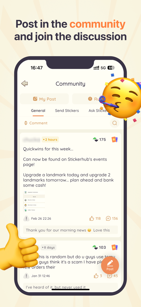 Screenshot of the StickerHub app community section showing posts and discussions among Monopoly GO players
