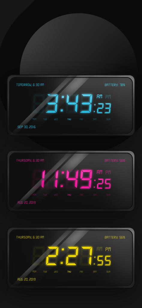 Alarm Clock: Music Sleep Timer - Digital alarm clock interface featuring three different color themes in blue pink and yellow
