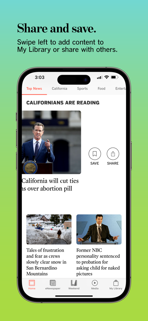 LA Times app interface highlighting the feature to save and share news stories