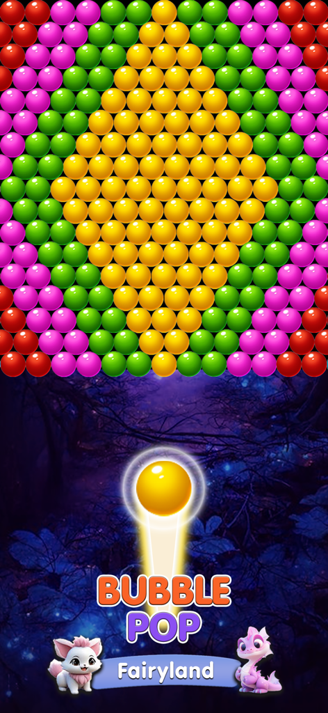 Ein farbenfrohes Bubble-Shooter-Puzzle-Level in Bubble Pop Fairyland mit niedlichen Tiercharakteren in einem magischen Wald
