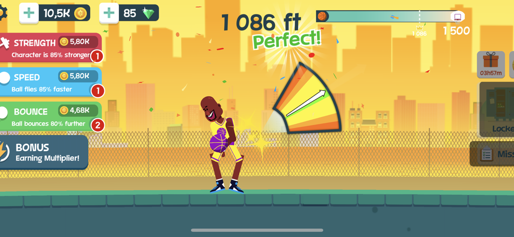 Basketball Orbit - Basketball Orbit game interface showing a character aiming for a perfect shot with skill upgrade buttons.