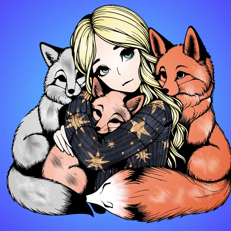 realistic, looking girl hugging, foxes
