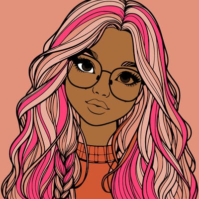 girl with long hair and freckles and glasses realistic