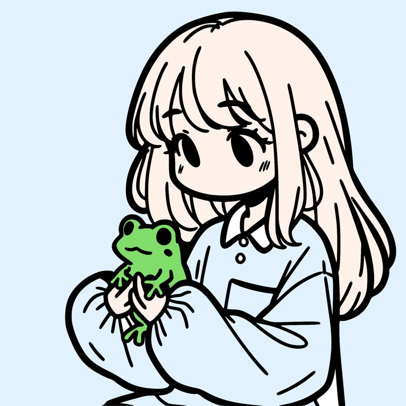 girl with long hair and a oversized shirt. and she is holding a frog