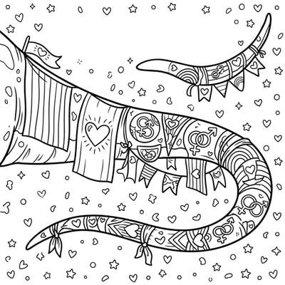 Dive into a celebration of love and diversity with this unique Brachiosaurus tail coloring page, perfect for Pride Month. Adorned with cheerful rainbows, hearts, and symbolic flags, it's a delightful canvas for your creativity.