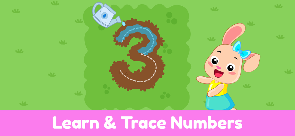ElePant Kids Learning Games 2+ - A cartoon bunny character next to a number three being traced with water in an educational preschool game
