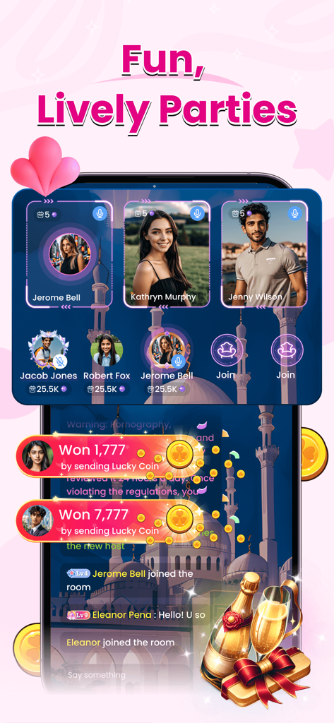 Tovio app interface showing a multi-user voice party with virtual rewards and live interaction