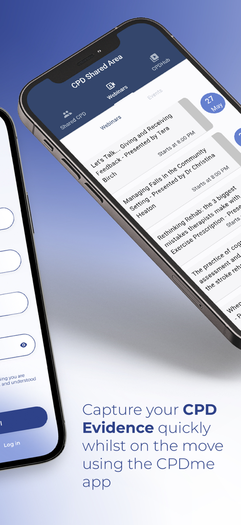 CPD Portfolio - A smartphone screen displaying the CPD Portfolio app with a list of professional development webinars and a caption about capturing evidence