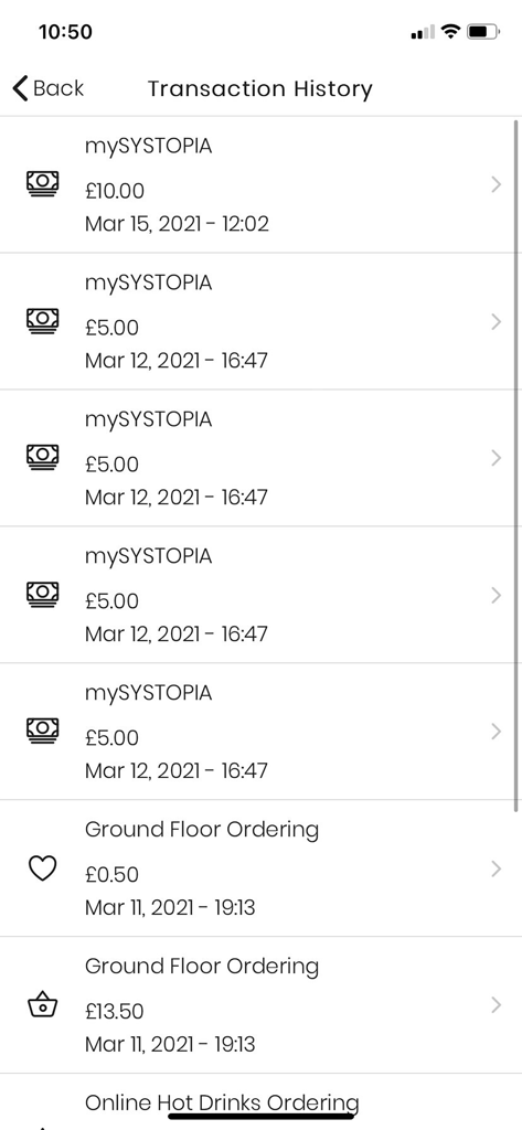 mySYSTOPIA - Transaction history screen in the mySYSTOPIA app showing a list of recent payments and amounts.